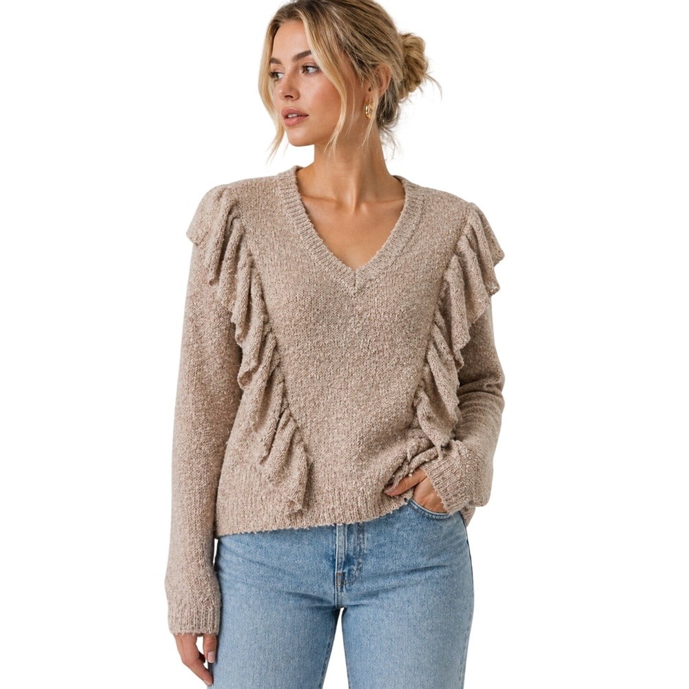 Coverstitched Ruffle Knit Sweater Beige V-Neck Cozy Textured Small NWT
